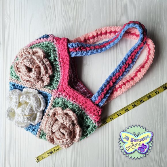 Handmade Crochet Pink White Rose Bag, Spring Summer Purse - Picture 5 of 5